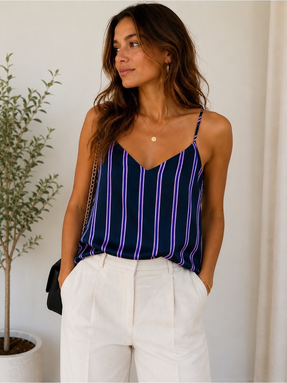 Banana Republic Striped Satin Cami Tank Top NWT Medium Navy Purple